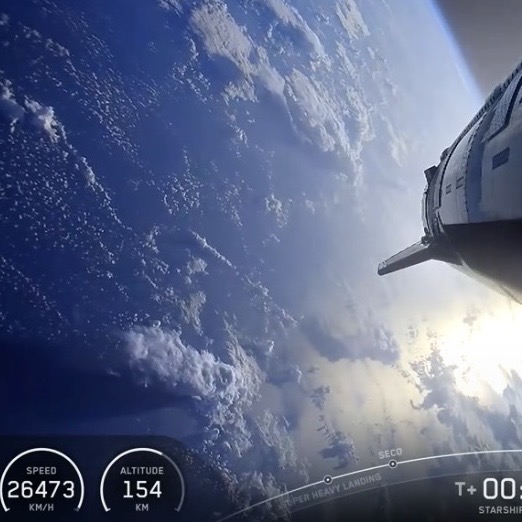 Starship spacecraft in orbit above Earth, viewing the curvature of the planet, clouds, and atmospheric glow